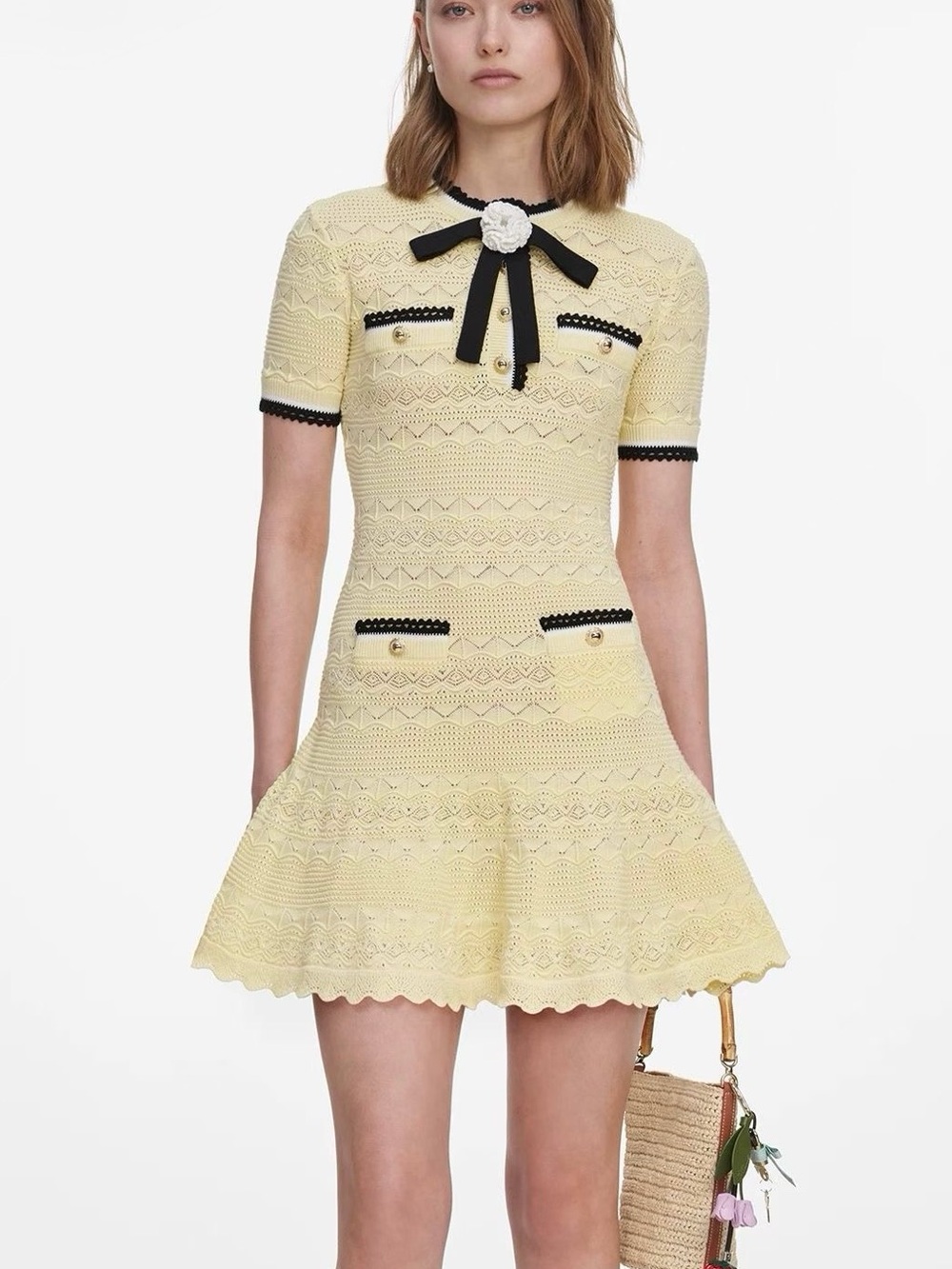 NWOT Self-Portrait Pale Yellow Crochet Mini Dress with Black Trim, Size XS/S/M/L